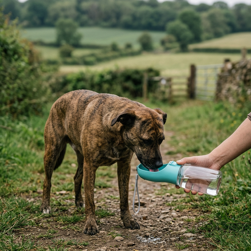 Dog drinking from the portable water bottle held in one hand on a walk