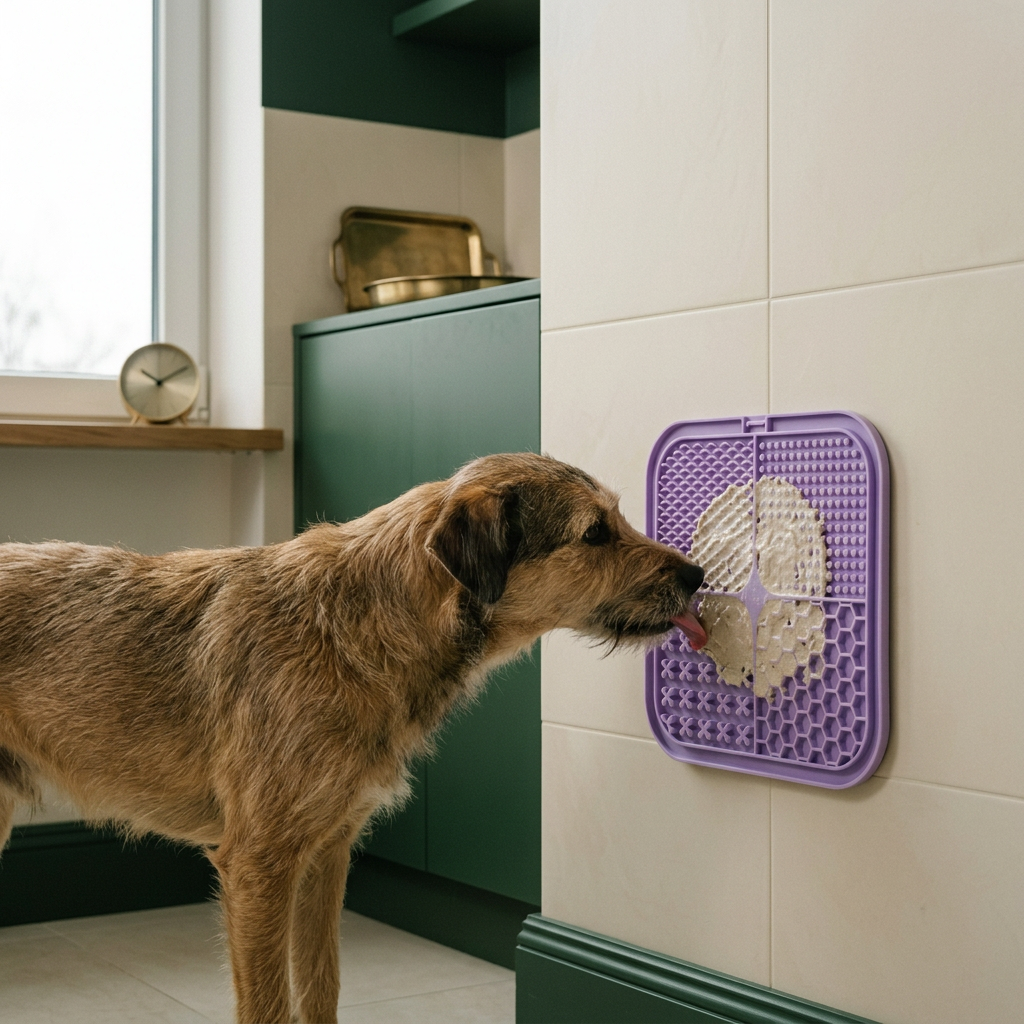Dog licking food from the lick mat pressed onto a smooth surface