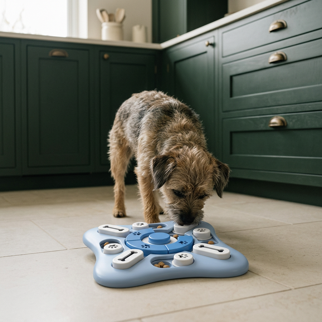 Puppy nosing the sliding lids of the dog puzzle toy to reach the treats