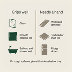 Where the lick mat sticks: glazed tile, glass and bathtubs, but not wood, laminate or textured vinyl